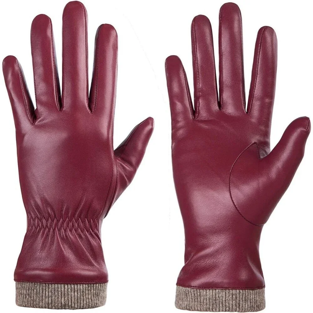 Women's Wine Red Winter Leather Gloves Wool Fleece Lined Thermal Touchscreen